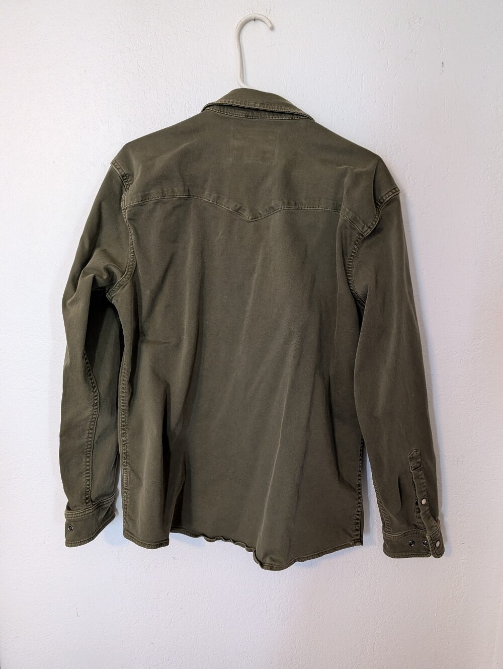 Poncho The Falfurrias Western Denim Pearl Snap Shirt Mens M Olive Green Slim Fit - Picture 7 of 7